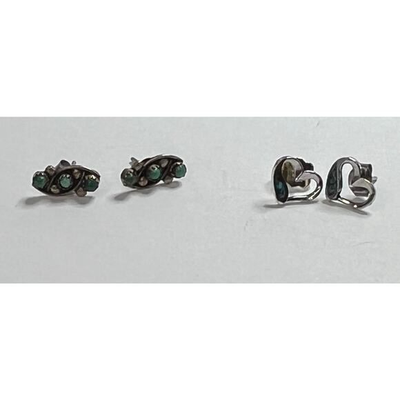 2 Pair Turquoise and Silver Heart Shape and Antique Swirl Post Earrings - Picture 1 of 6